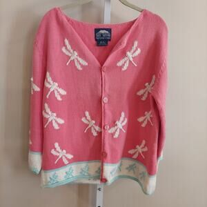 Ray Wear XL Hand Knit In Bolivia Pink Button Up Cardigan Novelty Dragonfly
